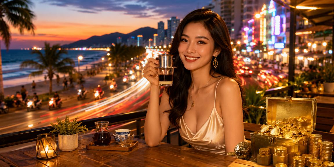 Người dùng tại Đà Nẵng theo dõi tài khoản và nhận thưởng trong khung cảnh yên tĩnh bên tách cà phê