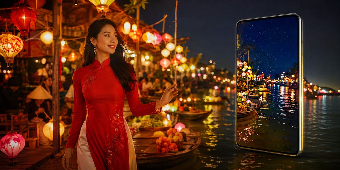 Người dùng tại Hội An mặc áo dài trải nghiệm ứng dụng casino 879 trên điện thoại